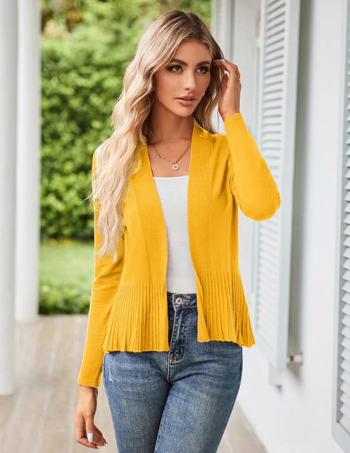imageGRACE KARIN Womens Lightweight Peplum Cardigan Sweaters Open Front Cropped Cardigan Long Sleeve Trendy Summer Knit TopsTurmeric