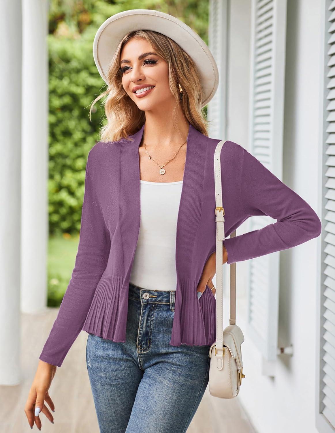 imageGRACE KARIN Womens Lightweight Peplum Cardigan Sweaters Open Front Cropped Cardigan Long Sleeve Trendy Summer Knit TopsViolet