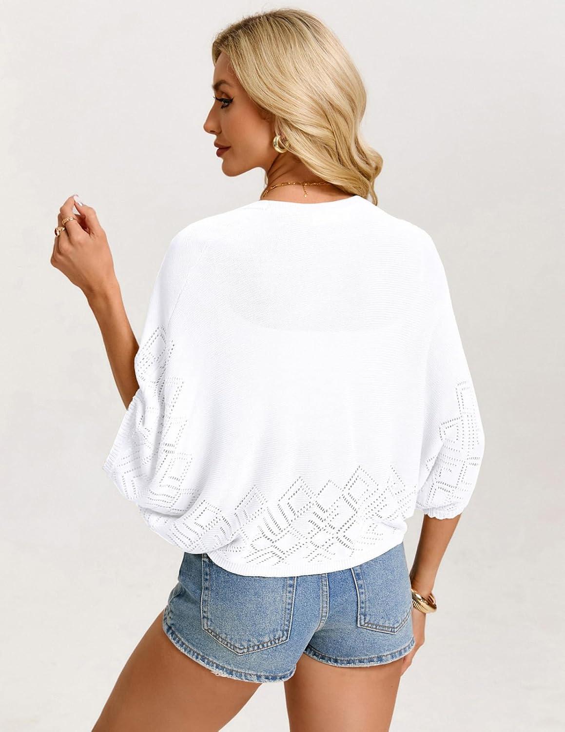 imageGRACE KARIN Womens Summer Crochet Cardigans Short Sleeve Cropped Bolero Shrug Lightweight Open Front Sweater OutwearBright White