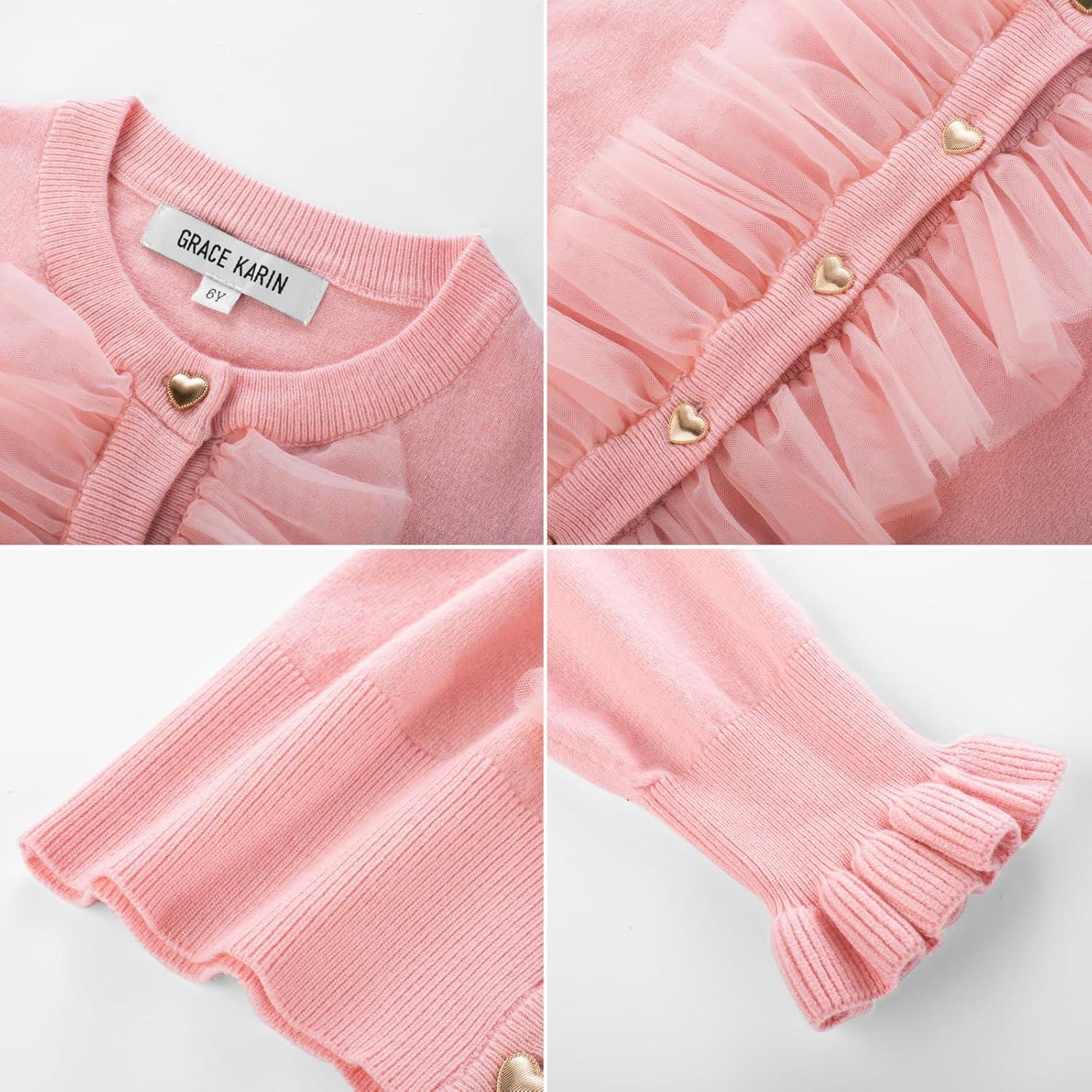 imageGirls Pink Sweater Size 1012 Button Up Knit Uniform Cardigan with Mesh Ruffle