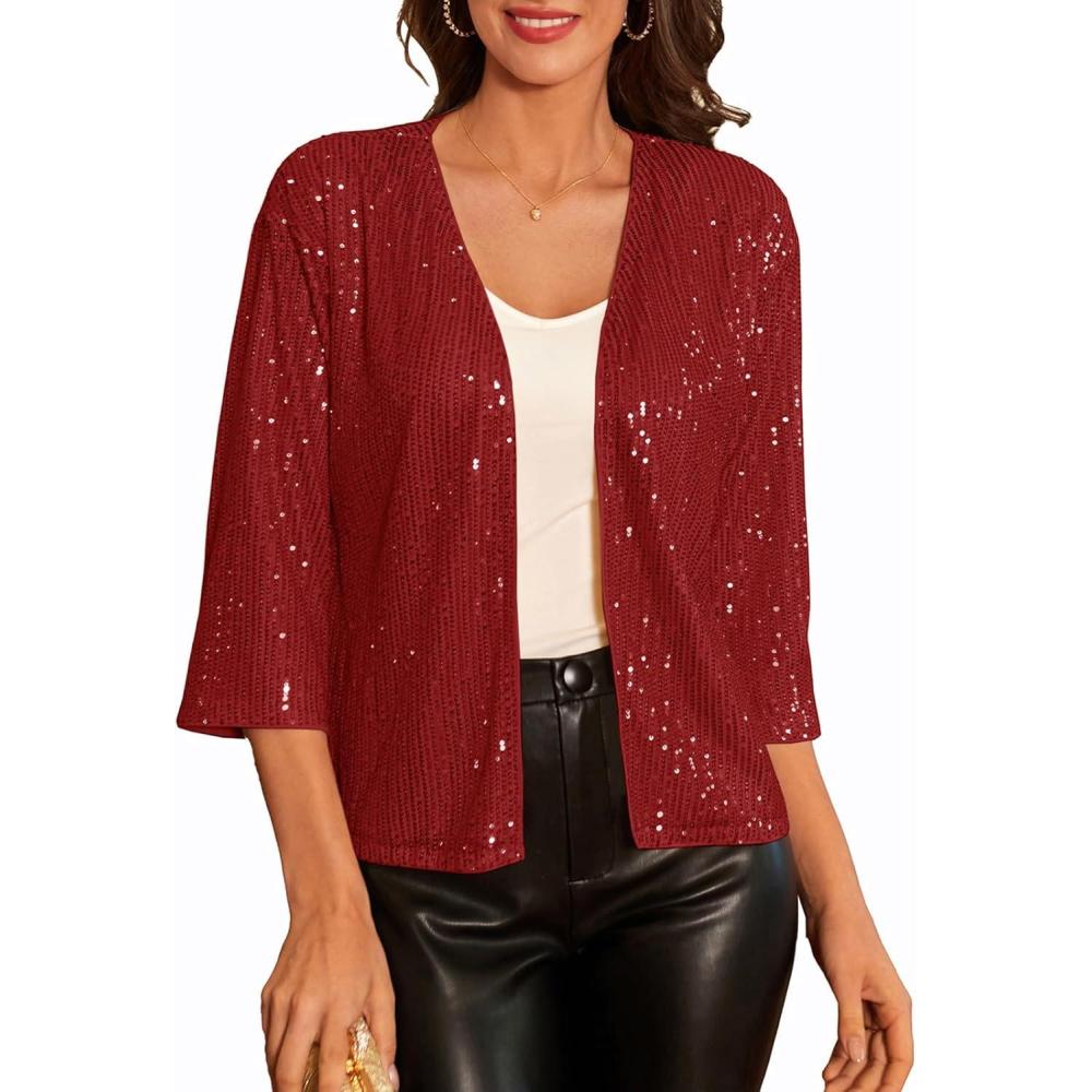 imageGRACE KARIN 2024 Womens 34 Sleeve Sequin Jackets Open Front Sequin Cardigan Sweaters Blazer S2XL