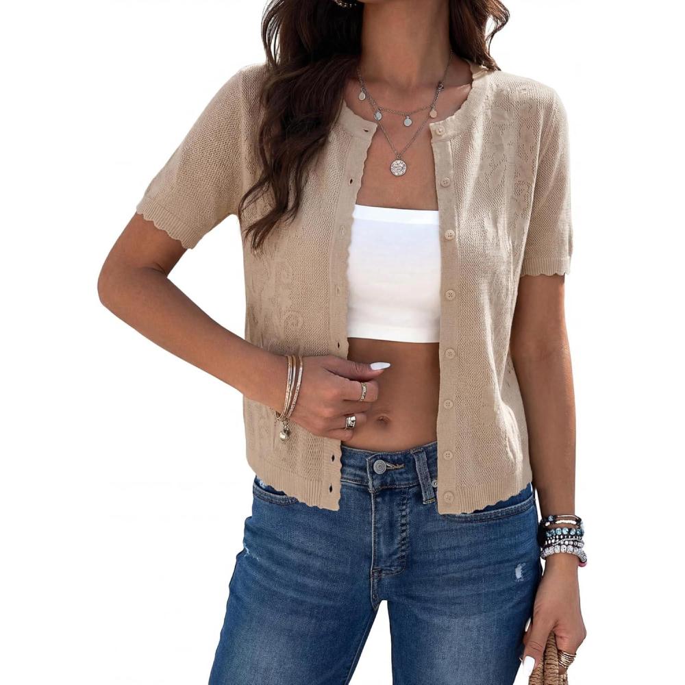 imageGRACE KARIN Short Sleeve Summer Cardigan for Women Lightweight Cropped Cardigan Sweater Button Shrugs for Dress TrendyDark Khaki