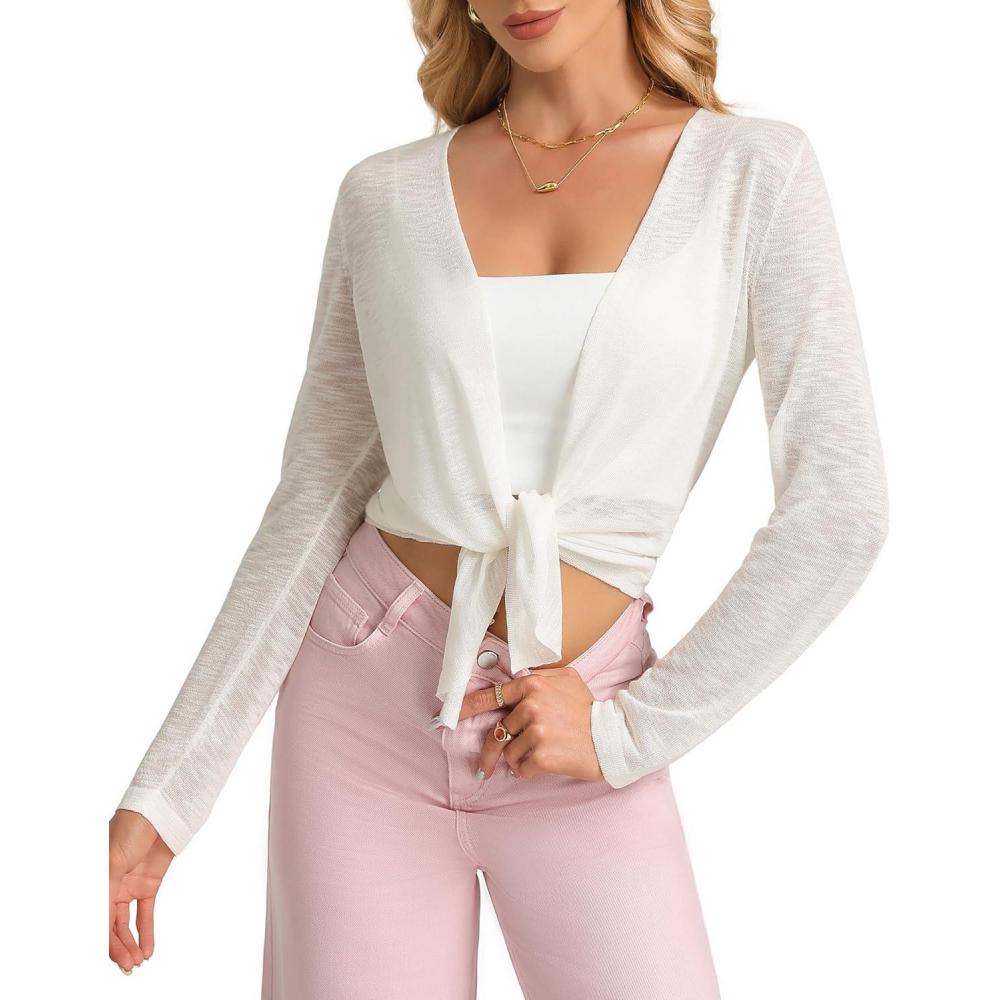 imageGRACE KARIN Shrugs for Women Summer Lightweight Cropped Cardigan Mesh Bolero Shrug Beach Cover Up for DressWhite