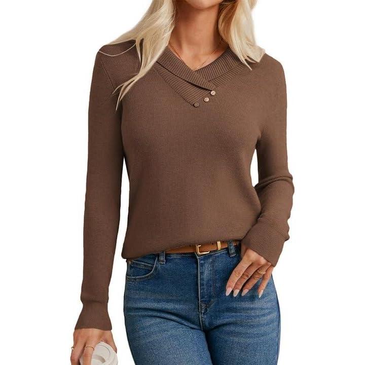 imageGRACE KARIN Sweaters for Women 2026 Spring Fashion Long Sleeve V Neck Collared Knitted Pullover Sweaters Dressy Work TopBrown