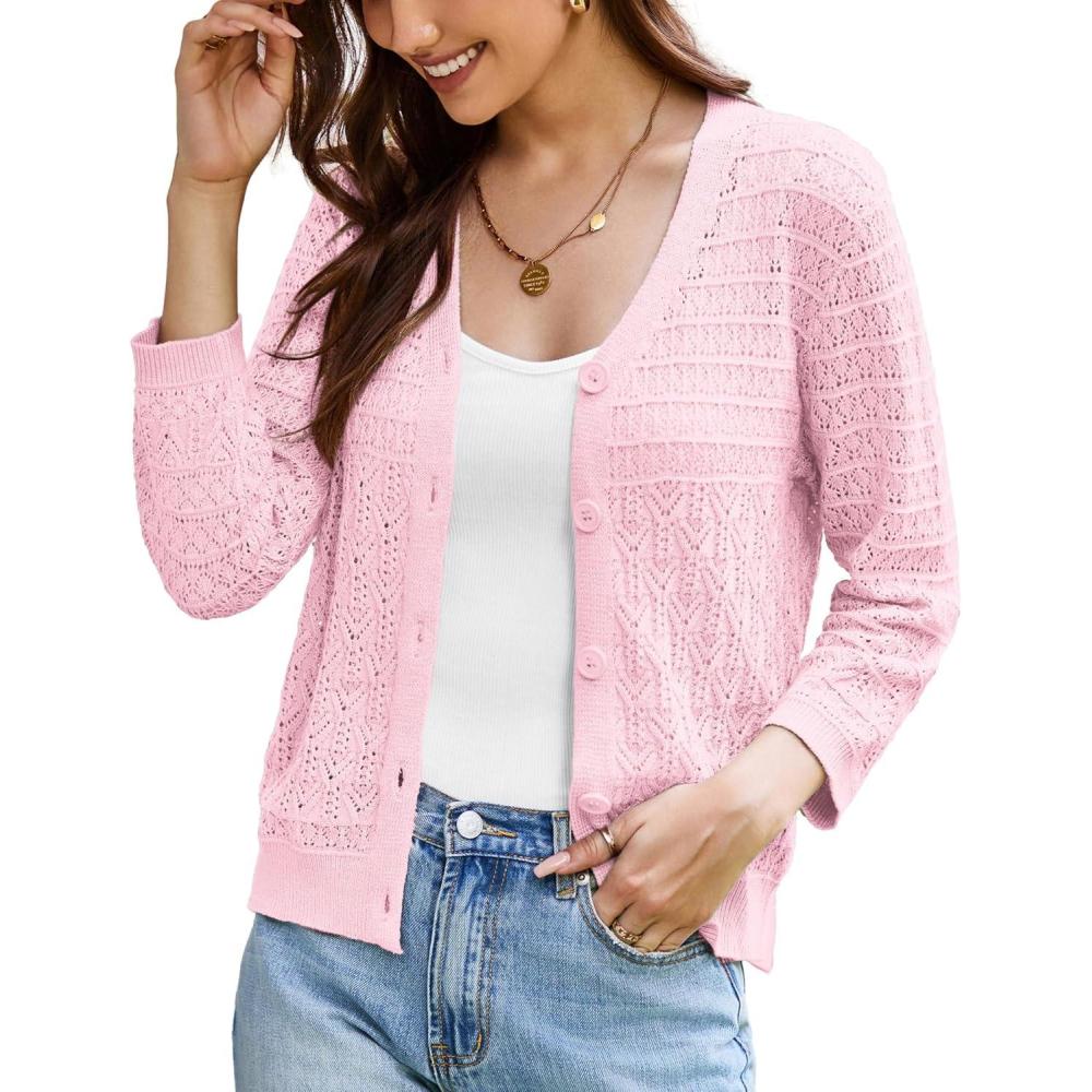 imageGRACE KARIN Women Lightweigt Cardigan 2026 Spring 34 Sleeve Crochet Sweaters Summer Cropped Knit Trendy Shrug TopsLight Pink
