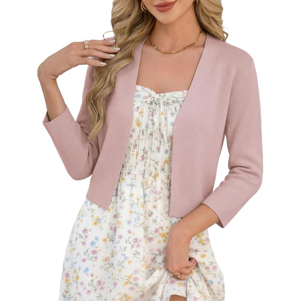 imageGRACE KARIN Womens 34 Sleeve Cropped Cardigan Sweater Lightweight Open Front Dressy Causal Shrug Spring FashionDusty Pink