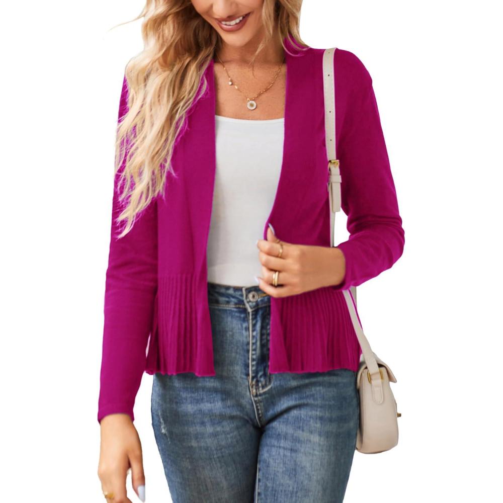 imageGRACE KARIN Womens Lightweight Peplum Cardigan Sweaters Open Front Cropped Cardigan Long Sleeve Trendy Summer Knit TopsRose Red