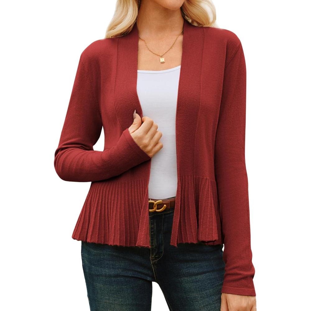 imageGRACE KARIN Womens Lightweight Peplum Cardigan Sweaters Open Front Cropped Cardigan Long Sleeve Trendy Summer Knit TopsRosewood