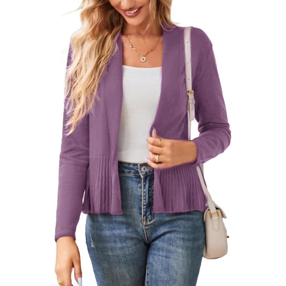 imageGRACE KARIN Womens Lightweight Peplum Cardigan Sweaters Open Front Cropped Cardigan Long Sleeve Trendy Summer Knit TopsViolet