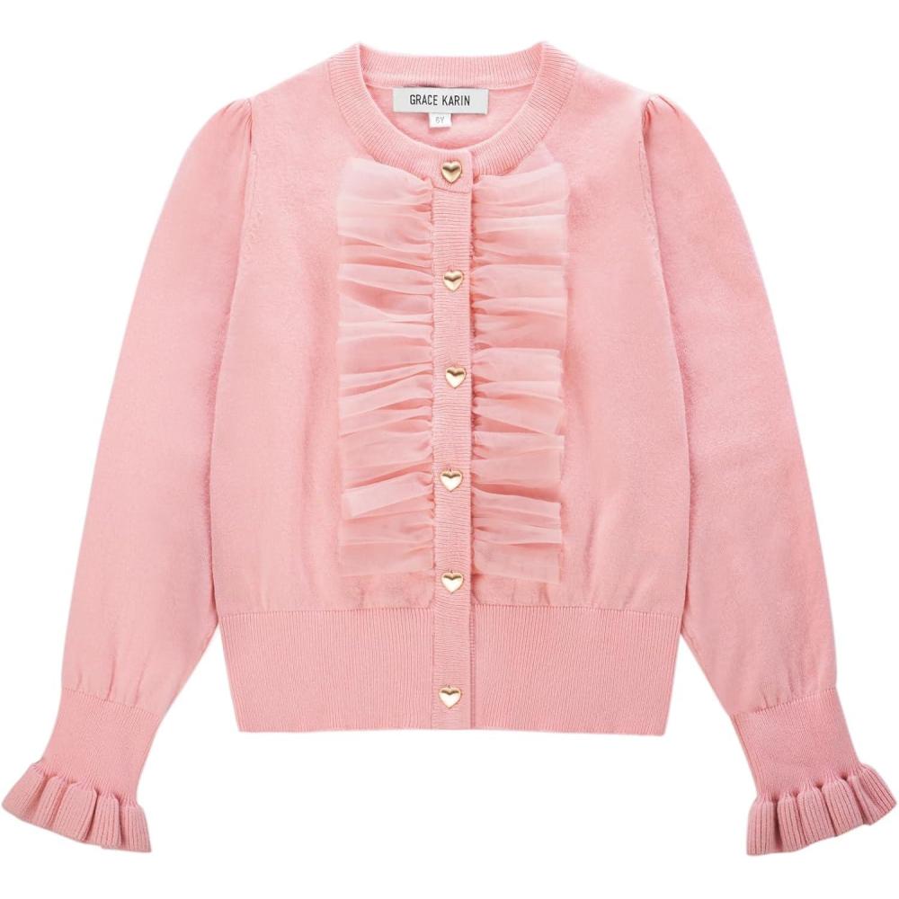 imageGirls Pink Sweater Size 1012 Button Up Knit Uniform Cardigan with Mesh Ruffle
