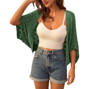 GRACE KARIN Summer Cropped Cardigan for Women 2026 Batwing Sleeve Crochet Bolero Shrug Sweaters Lightweight Beach Boho Kimono(Army Green)