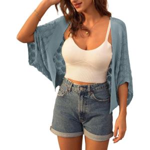 GRACE KARIN Summer Cropped Cardigan for Women 2026 Batwing Sleeve Crochet Bolero Shrug Sweaters Lightweight Beach Boho Kimono(Grey Blue)