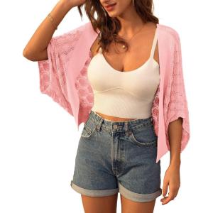 GRACE KARIN Summer Cropped Cardigan for Women 2026 Batwing Sleeve Crochet Bolero Shrug Sweaters Lightweight Beach Boho Kimono(Light Pink)