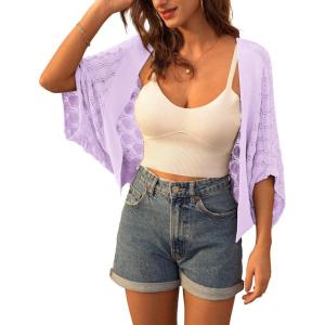 GRACE KARIN Summer Cropped Cardigan for Women 2026 Batwing Sleeve Crochet Bolero Shrug Sweaters Lightweight Beach Boho Kimono(Light Purple)