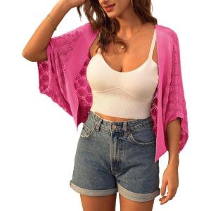 GRACE KARIN Summer Cropped Cardigan for Women 2026 Batwing Sleeve Crochet Bolero Shrug Sweaters Lightweight Beach Boho Kimono(Rose Red)