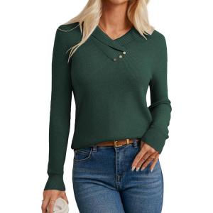 GRACE KARIN Sweaters for Women 2026, Spring Fashion Long Sleeve V Neck Collared Knitted Pullover Sweaters, Dressy Work Top(Green)