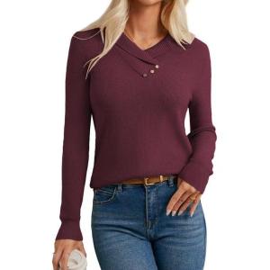 GRACE KARIN Sweaters for Women 2026, Spring Fashion Long Sleeve V Neck Collared Knitted Pullover Sweaters, Dressy Work Top(Wine Red)