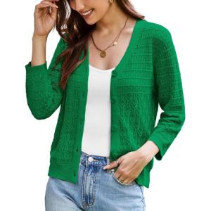 GRACE KARIN Women Lightweigt Cardigan, 2026 Spring 3/4 Sleeve Crochet Sweaters, Summer Cropped Knit Trendy Shrug Tops(Dark Green)