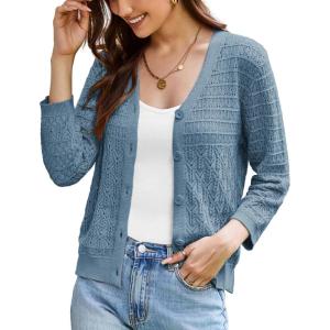 GRACE KARIN Women Lightweigt Cardigan, 2026 Spring 3/4 Sleeve Crochet Sweaters, Summer Cropped Knit Trendy Shrug Tops(Light Gray Blue)