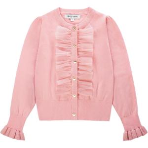 Girls Pink Sweater Size 10-12 Button Up Knit Uniform Cardigan with Mesh Ruffle