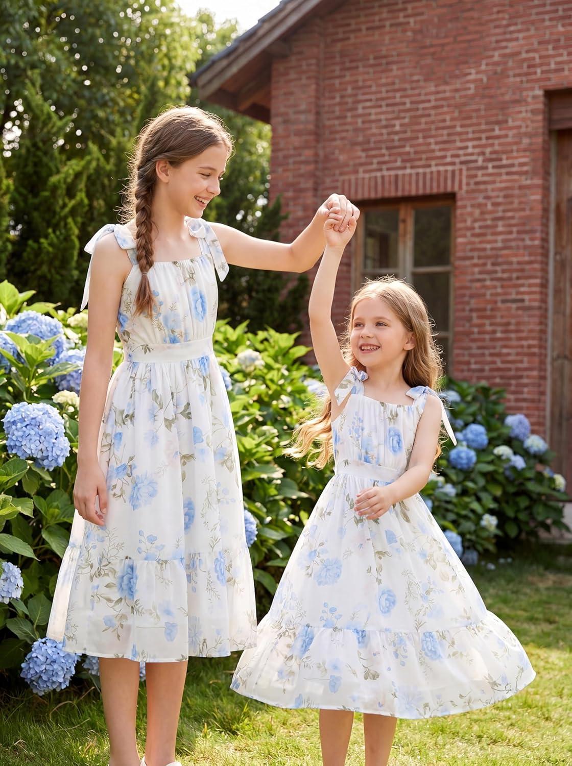 imageGRACE KARIN Girls Floral Chiffon Dress Summer Hawaiian Beach Vacation Party Wedding Birthday Sleeveless ALine 714YApricot Blue Floral