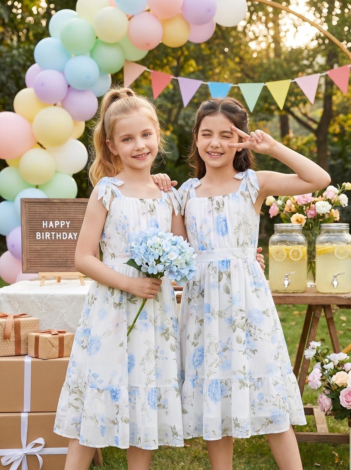imageGRACE KARIN Girls Floral Chiffon Dress Summer Hawaiian Beach Vacation Party Wedding Birthday Sleeveless ALine 714YApricot Blue Floral