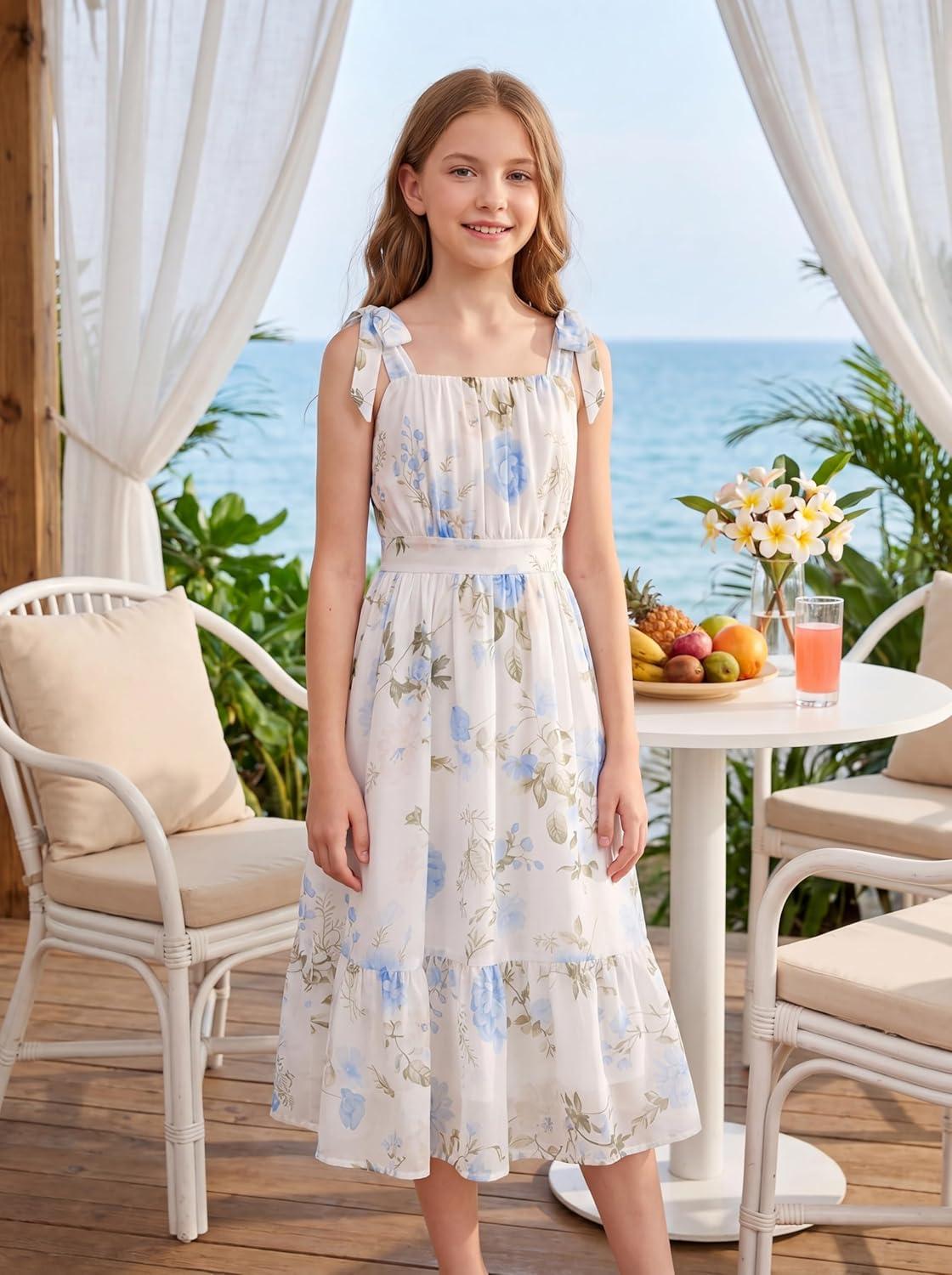 imageGRACE KARIN Girls Floral Chiffon Dress Summer Hawaiian Beach Vacation Party Wedding Birthday Sleeveless ALine 714YApricot Blue Floral