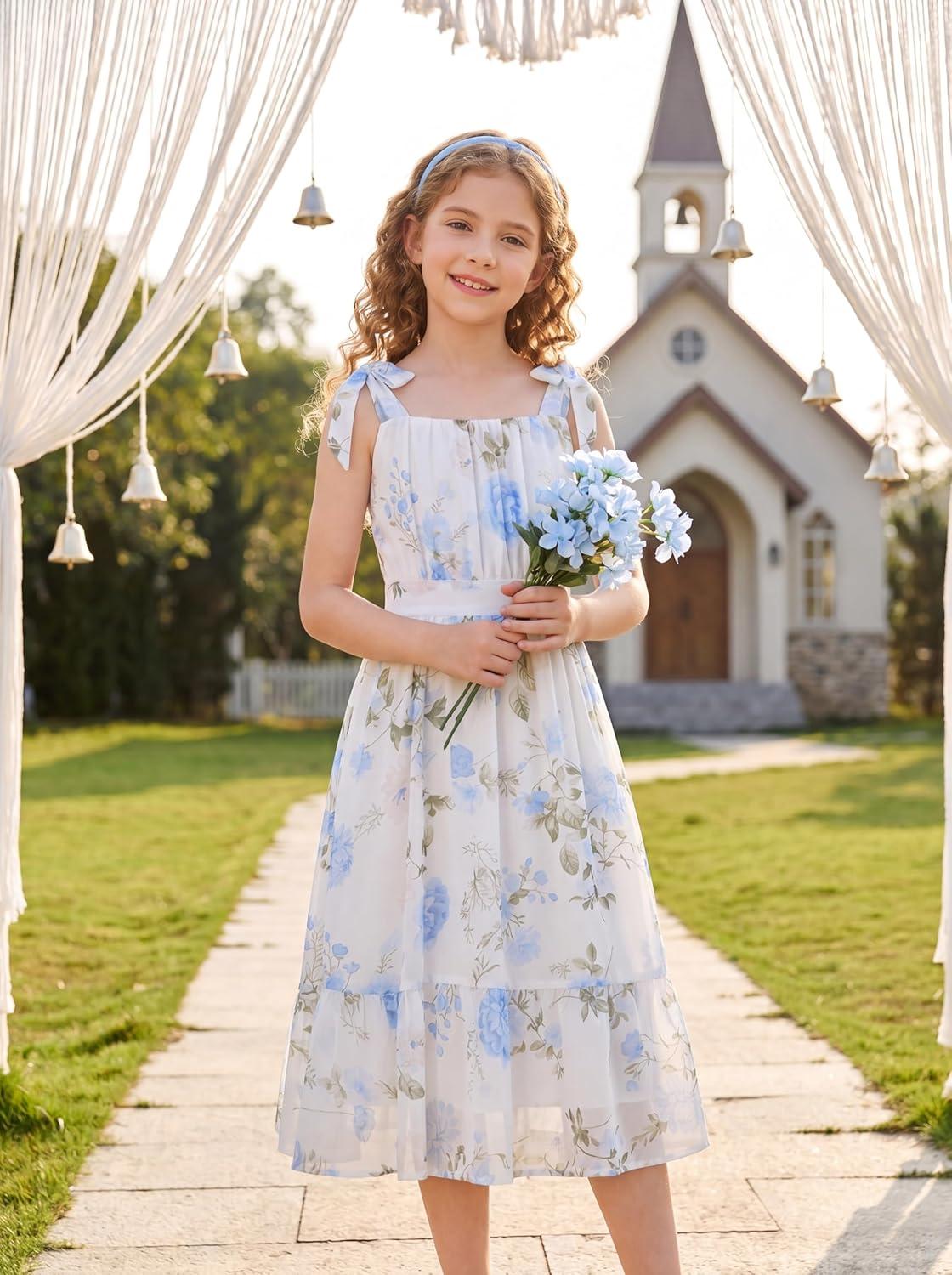 imageGRACE KARIN Girls Floral Chiffon Dress Summer Hawaiian Beach Vacation Party Wedding Birthday Sleeveless ALine 714YApricot Blue Floral