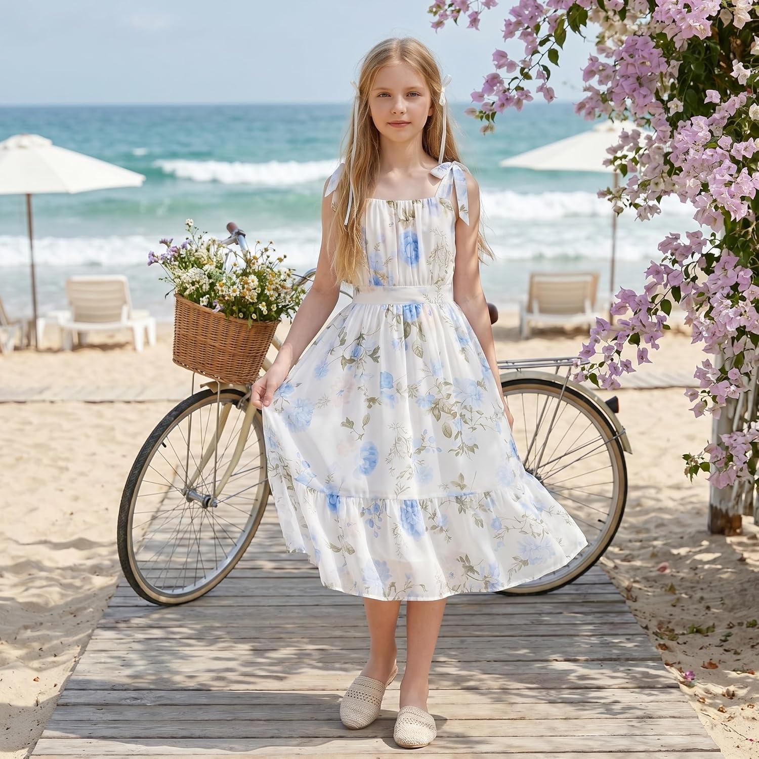 imageGRACE KARIN Girls Floral Chiffon Dress Summer Hawaiian Beach Vacation Party Wedding Birthday Sleeveless ALine 714YApricot Blue Floral