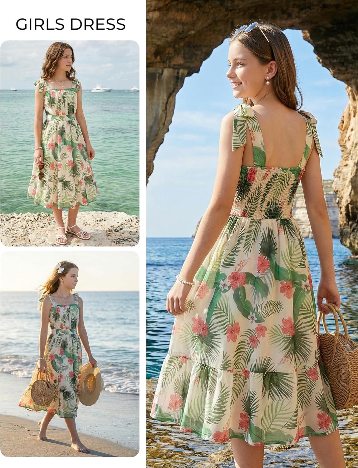 imageGRACE KARIN Girls Floral Chiffon Dress Summer Hawaiian Beach Vacation Party Wedding Birthday Sleeveless ALine 714YGreen Leaf Floral