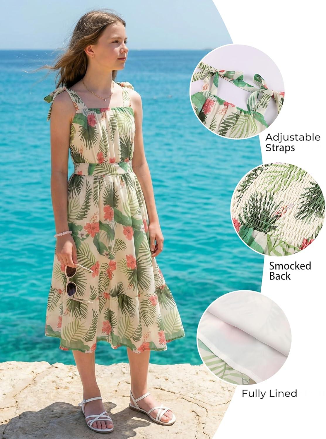 imageGRACE KARIN Girls Floral Chiffon Dress Summer Hawaiian Beach Vacation Party Wedding Birthday Sleeveless ALine 714YGreen Leaf Floral
