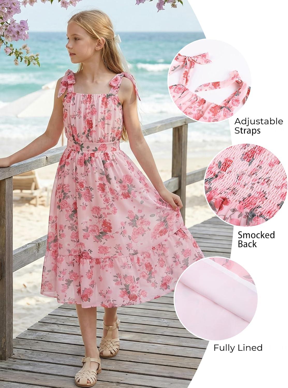 imageGRACE KARIN Girls Floral Chiffon Dress Summer Hawaiian Beach Vacation Party Wedding Birthday Sleeveless ALine 714YPink Floral Green Leaf