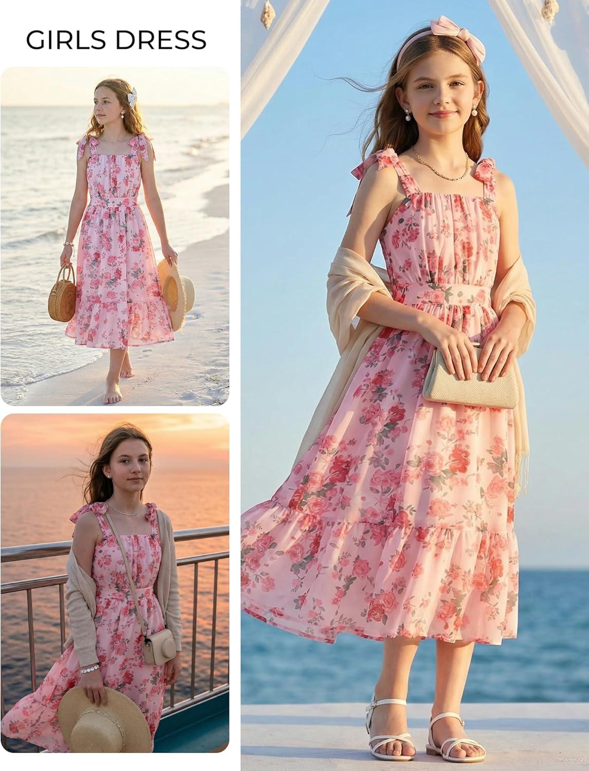 imageGRACE KARIN Girls Floral Chiffon Dress Summer Hawaiian Beach Vacation Party Wedding Birthday Sleeveless ALine 714YPink Floral Green Leaf