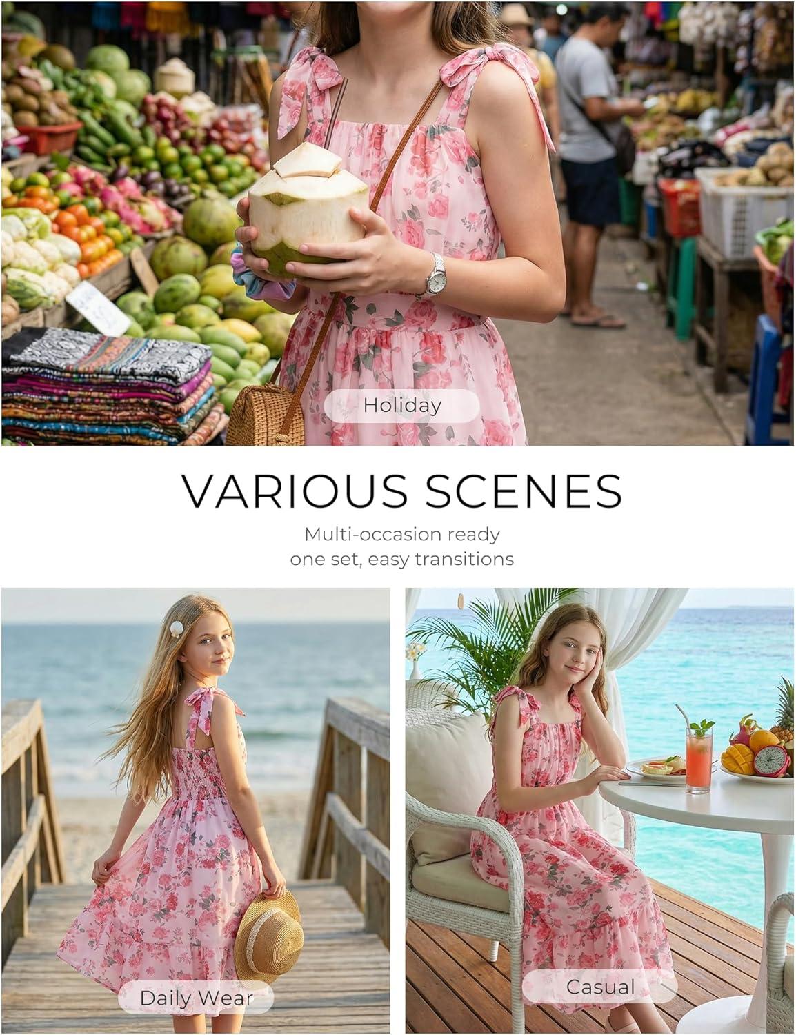 imageGRACE KARIN Girls Floral Chiffon Dress Summer Hawaiian Beach Vacation Party Wedding Birthday Sleeveless ALine 714YPink Floral Green Leaf