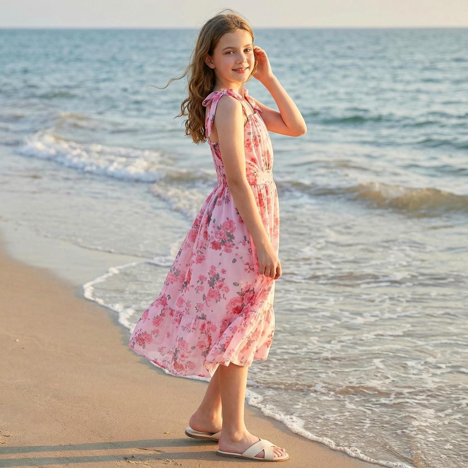 imageGRACE KARIN Girls Floral Chiffon Dress Summer Hawaiian Beach Vacation Party Wedding Birthday Sleeveless ALine 714YPink Floral Green Leaf