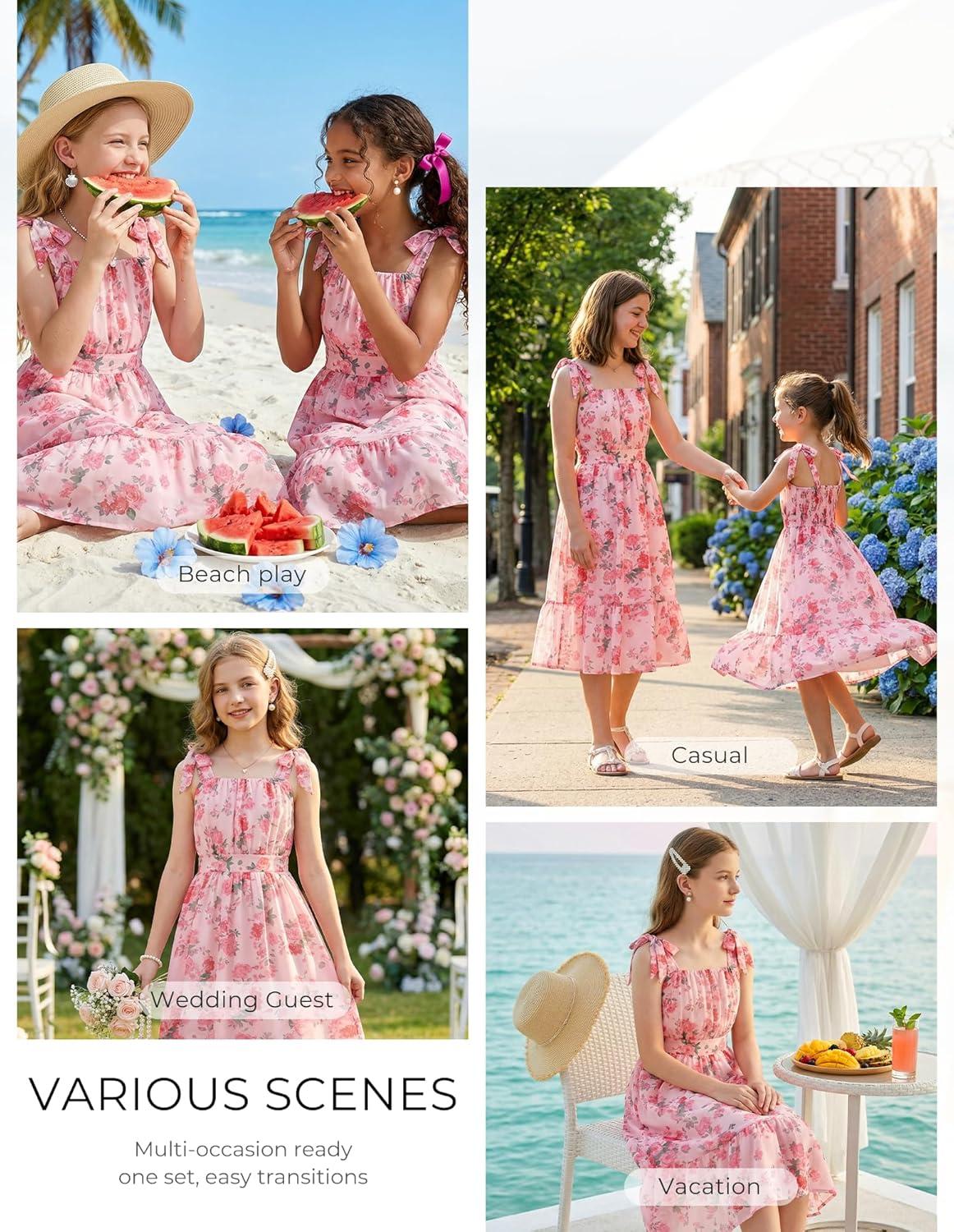 imageGRACE KARIN Girls Floral Chiffon Dress Summer Hawaiian Beach Vacation Party Wedding Birthday Sleeveless ALine 714YPink Floral Green Leaf