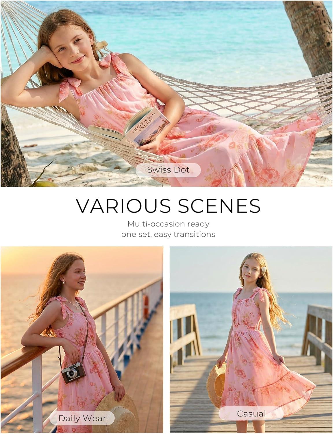 imageGRACE KARIN Girls Floral Chiffon Dress Summer Hawaiian Beach Vacation Party Wedding Birthday Sleeveless ALine 714YPink Floral Yellow Leaf