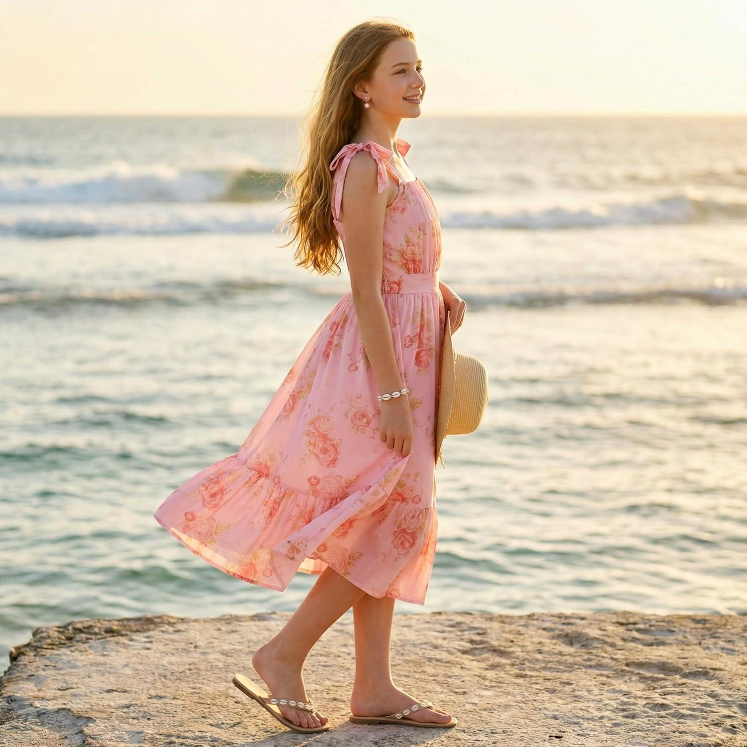 imageGRACE KARIN Girls Floral Chiffon Dress Summer Hawaiian Beach Vacation Party Wedding Birthday Sleeveless ALine 714YPink Floral Yellow Leaf