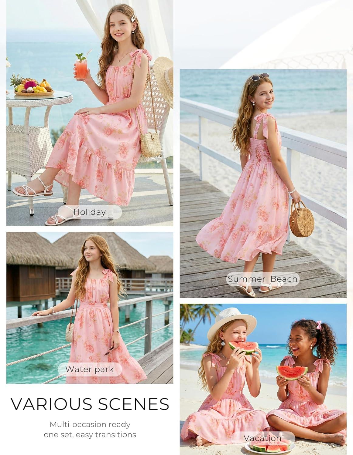 imageGRACE KARIN Girls Floral Chiffon Dress Summer Hawaiian Beach Vacation Party Wedding Birthday Sleeveless ALine 714YPink Floral Yellow Leaf