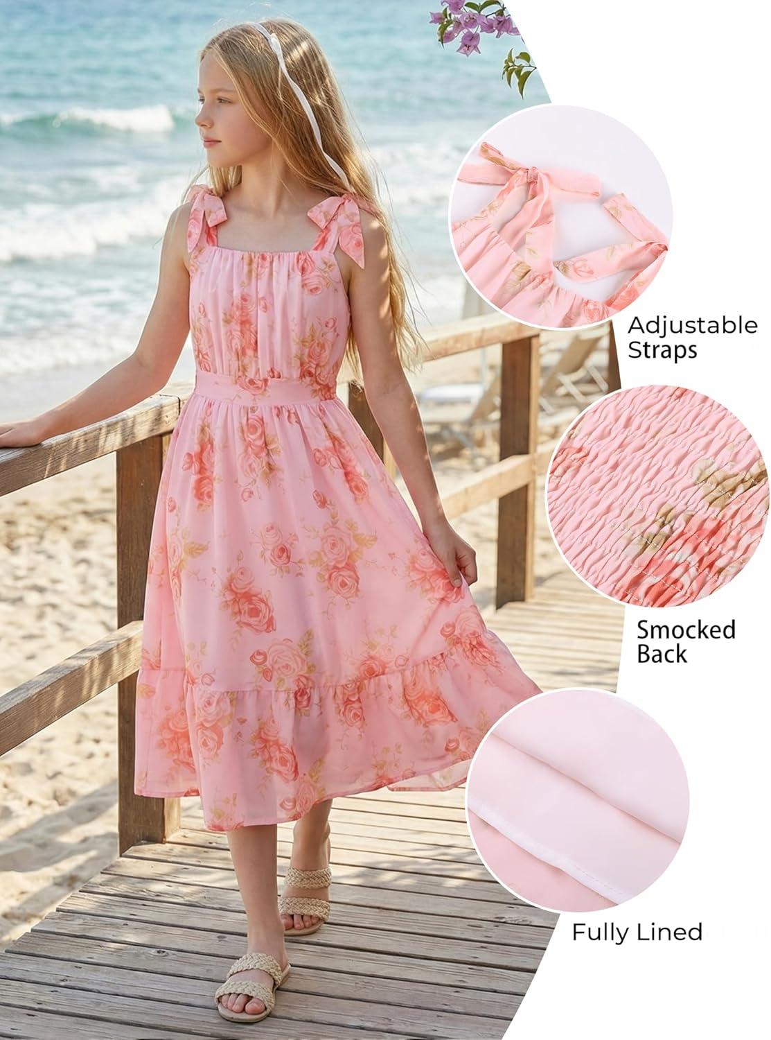 imageGRACE KARIN Girls Floral Chiffon Dress Summer Hawaiian Beach Vacation Party Wedding Birthday Sleeveless ALine 714YPink Floral Yellow Leaf