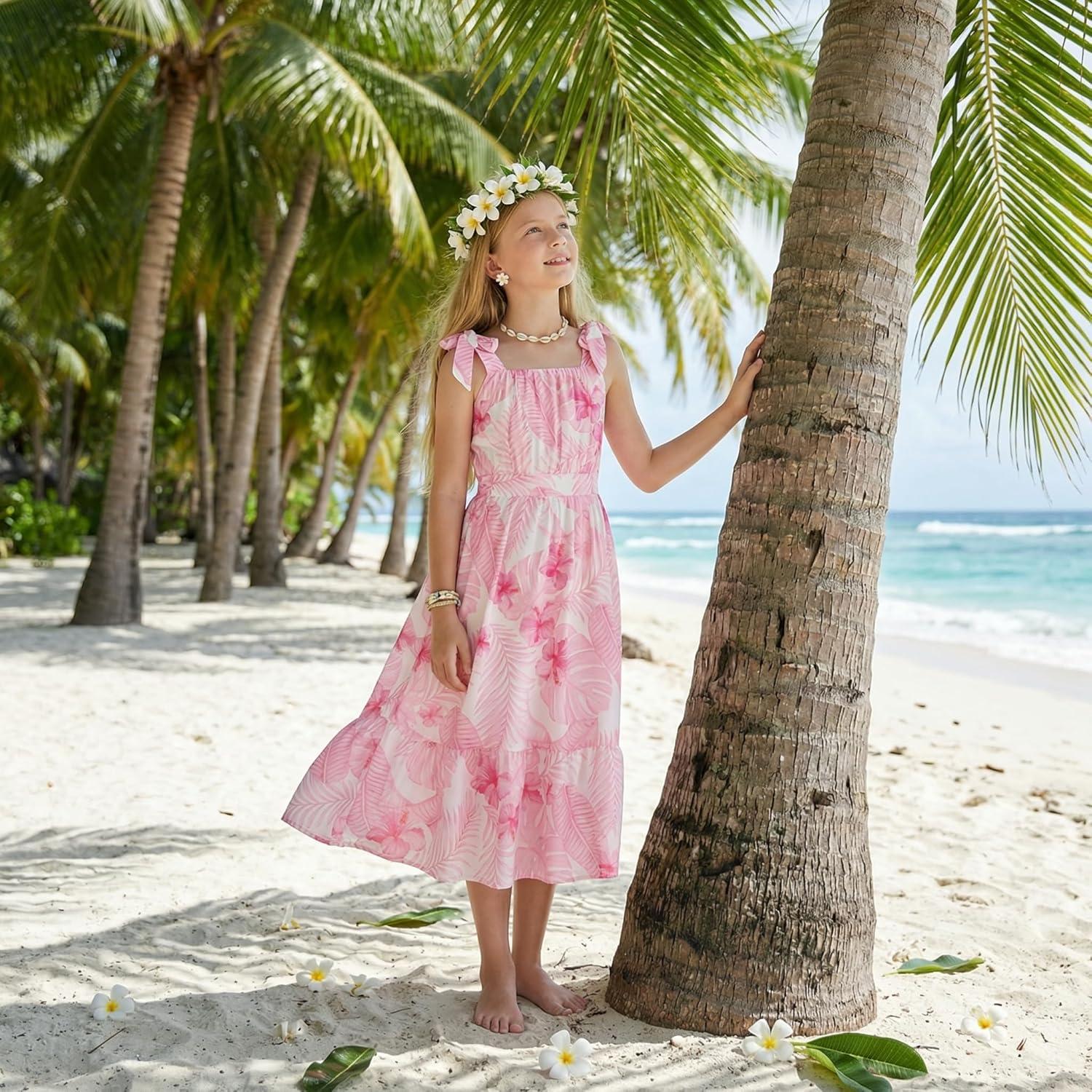 imageGRACE KARIN Girls Floral Chiffon Dress Summer Hawaiian Beach Vacation Party Wedding Birthday Sleeveless ALine 714YPink Leaf Floral