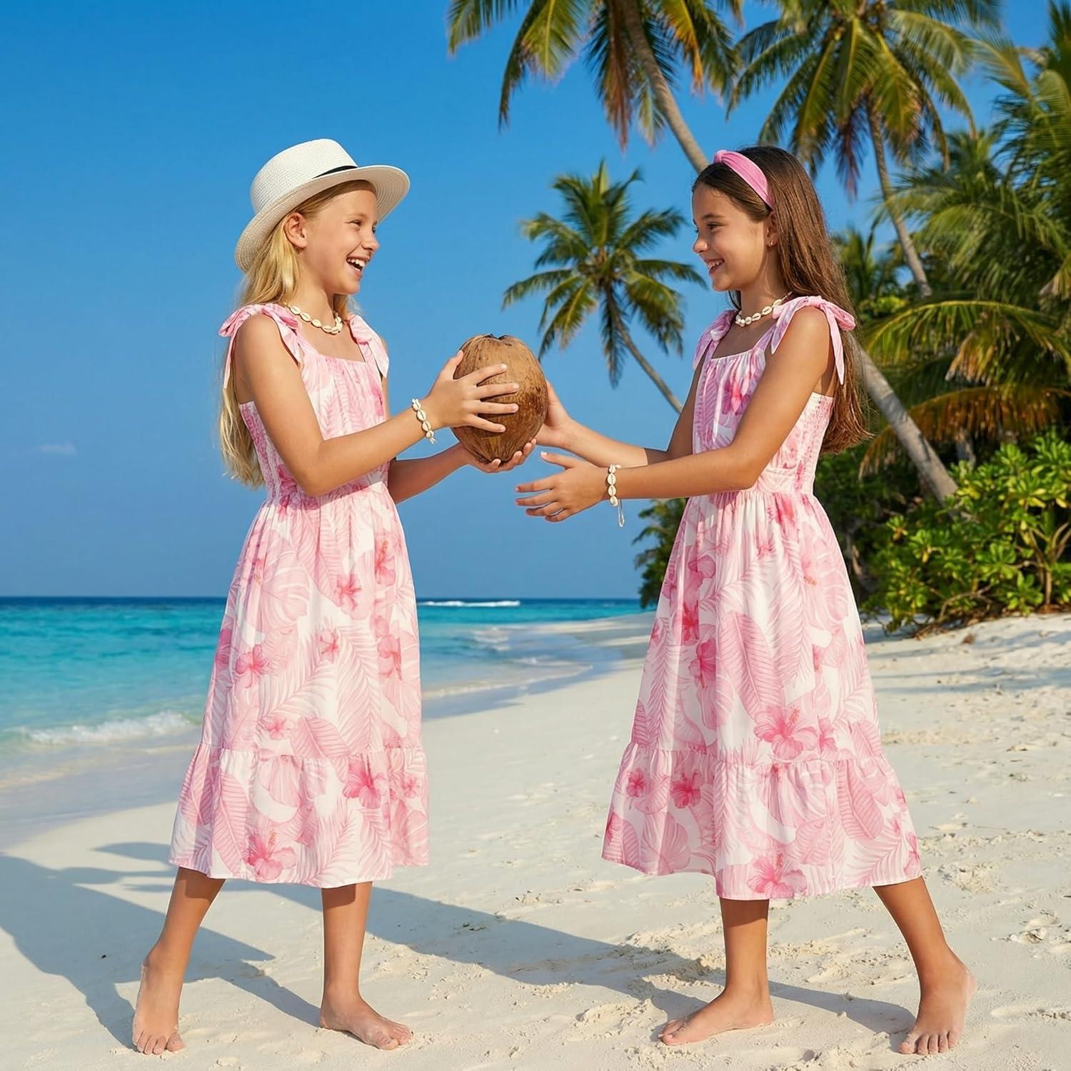 imageGRACE KARIN Girls Floral Chiffon Dress Summer Hawaiian Beach Vacation Party Wedding Birthday Sleeveless ALine 714YPink Leaf Floral