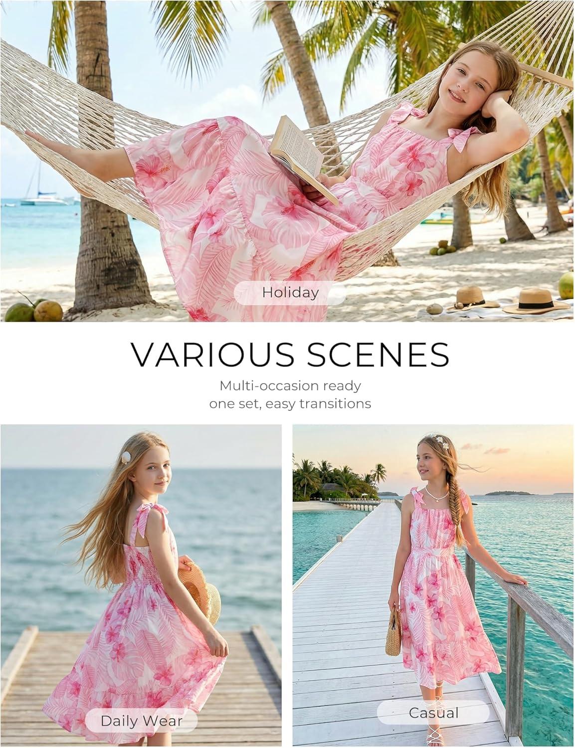 imageGRACE KARIN Girls Floral Chiffon Dress Summer Hawaiian Beach Vacation Party Wedding Birthday Sleeveless ALine 714YPink Leaf Floral