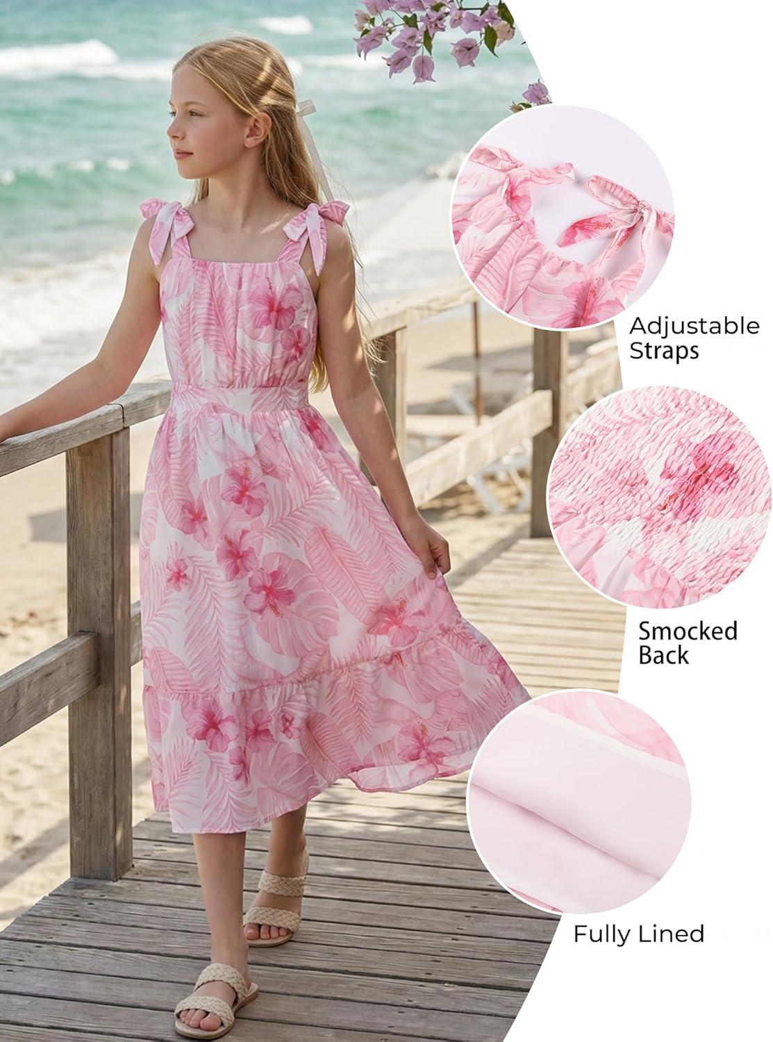 imageGRACE KARIN Girls Floral Chiffon Dress Summer Hawaiian Beach Vacation Party Wedding Birthday Sleeveless ALine 714YPink Leaf Floral