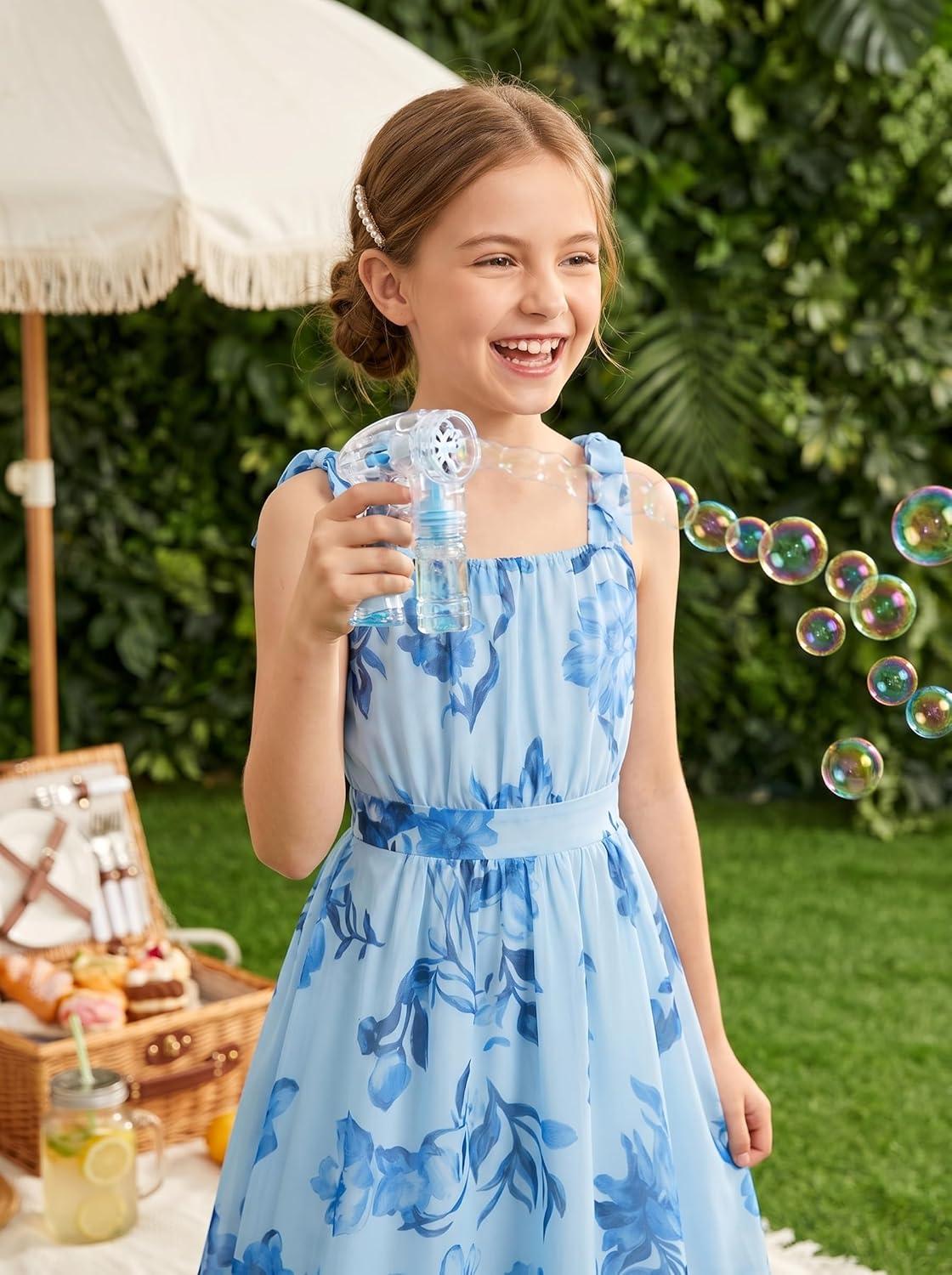 imageGRACE KARIN Girls Floral Chiffon Dress Summer Hawaiian Beach Vacation Party Wedding Birthday Sleeveless ALine 714YPowder Blue Navy Floral