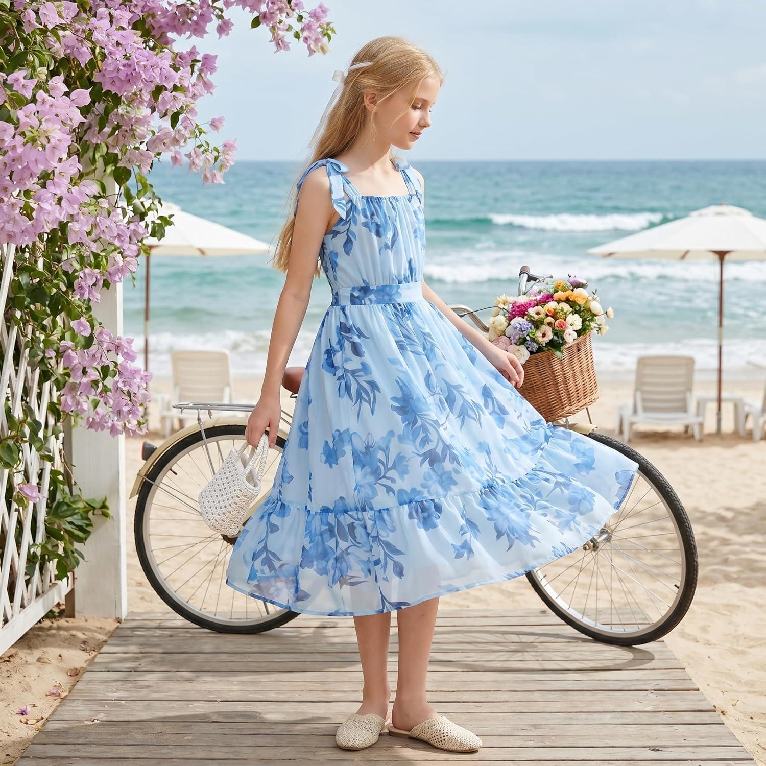 imageGRACE KARIN Girls Floral Chiffon Dress Summer Hawaiian Beach Vacation Party Wedding Birthday Sleeveless ALine 714YPowder Blue Navy Floral