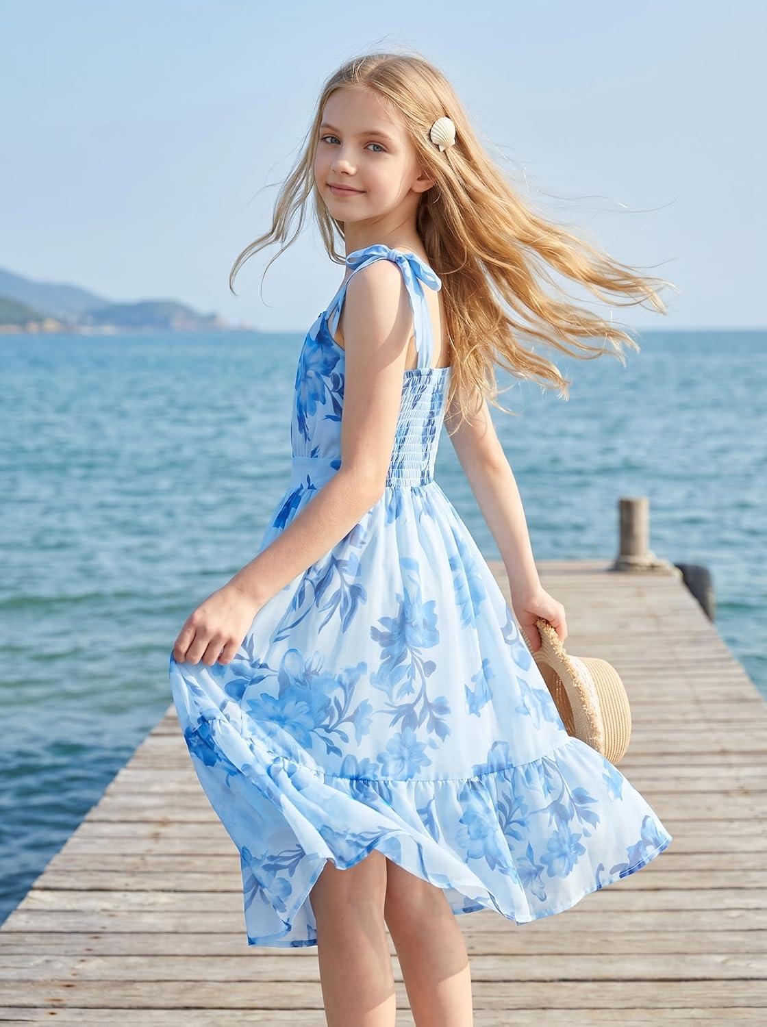 imageGRACE KARIN Girls Floral Chiffon Dress Summer Hawaiian Beach Vacation Party Wedding Birthday Sleeveless ALine 714YPowder Blue Navy Floral