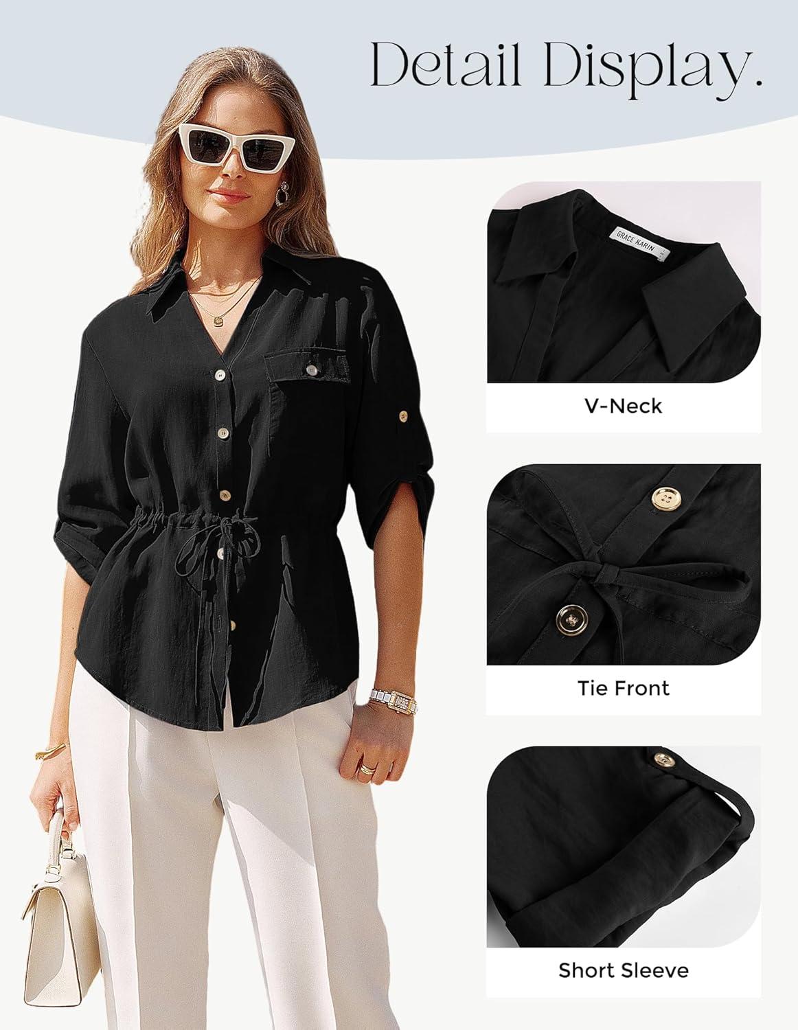 imageGRACE KARIN Womens Button Down Dressy Shirts 34 Sleeve Stylish Collared Office Work Tops with PocketBlack