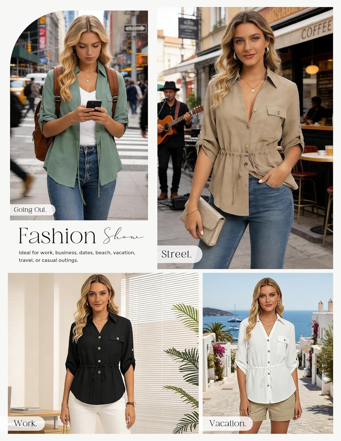 imageGRACE KARIN Womens Button Down Dressy Shirts 34 Sleeve Stylish Collared Office Work Tops with PocketBlack