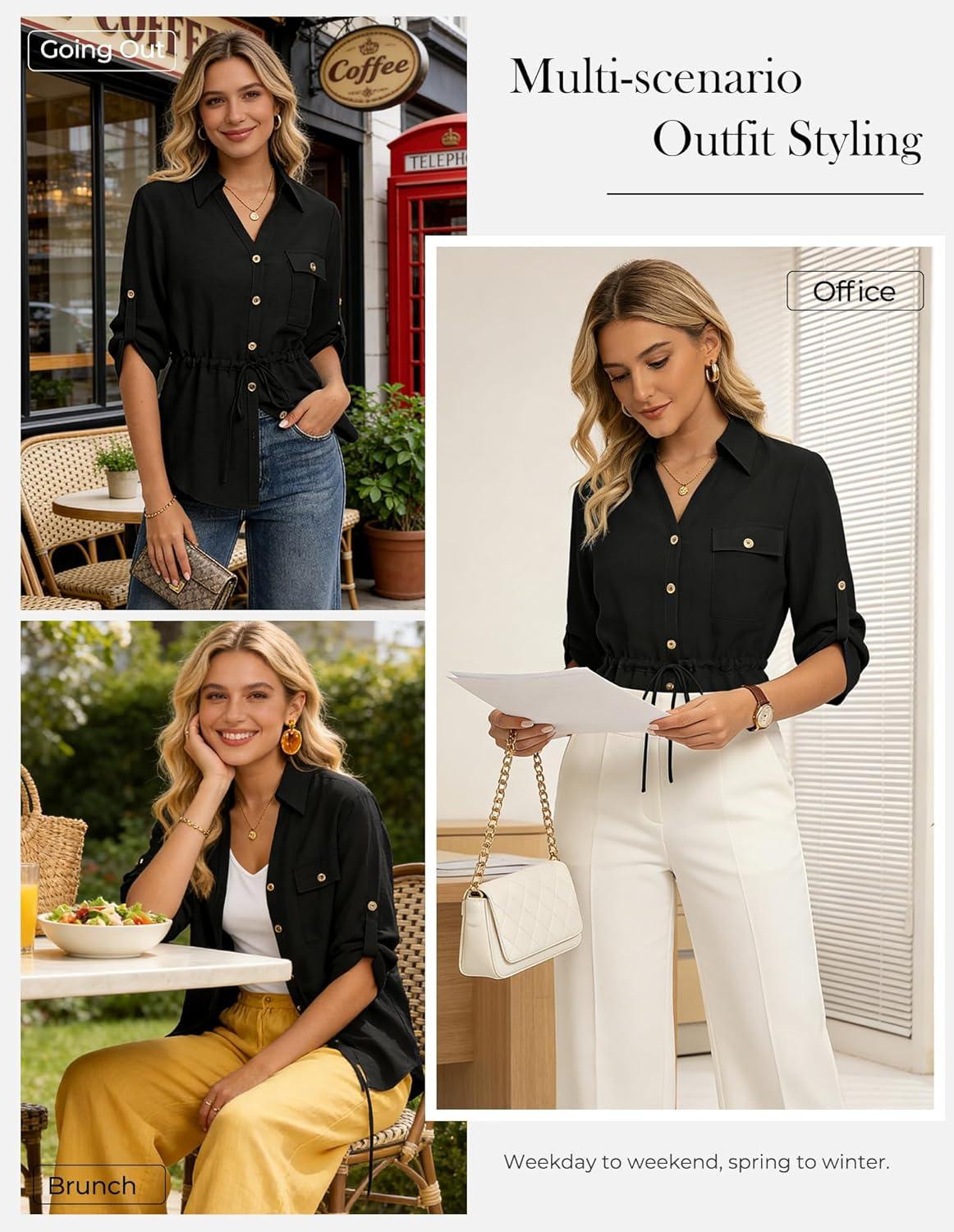 imageGRACE KARIN Womens Button Down Dressy Shirts 34 Sleeve Stylish Collared Office Work Tops with PocketBlack